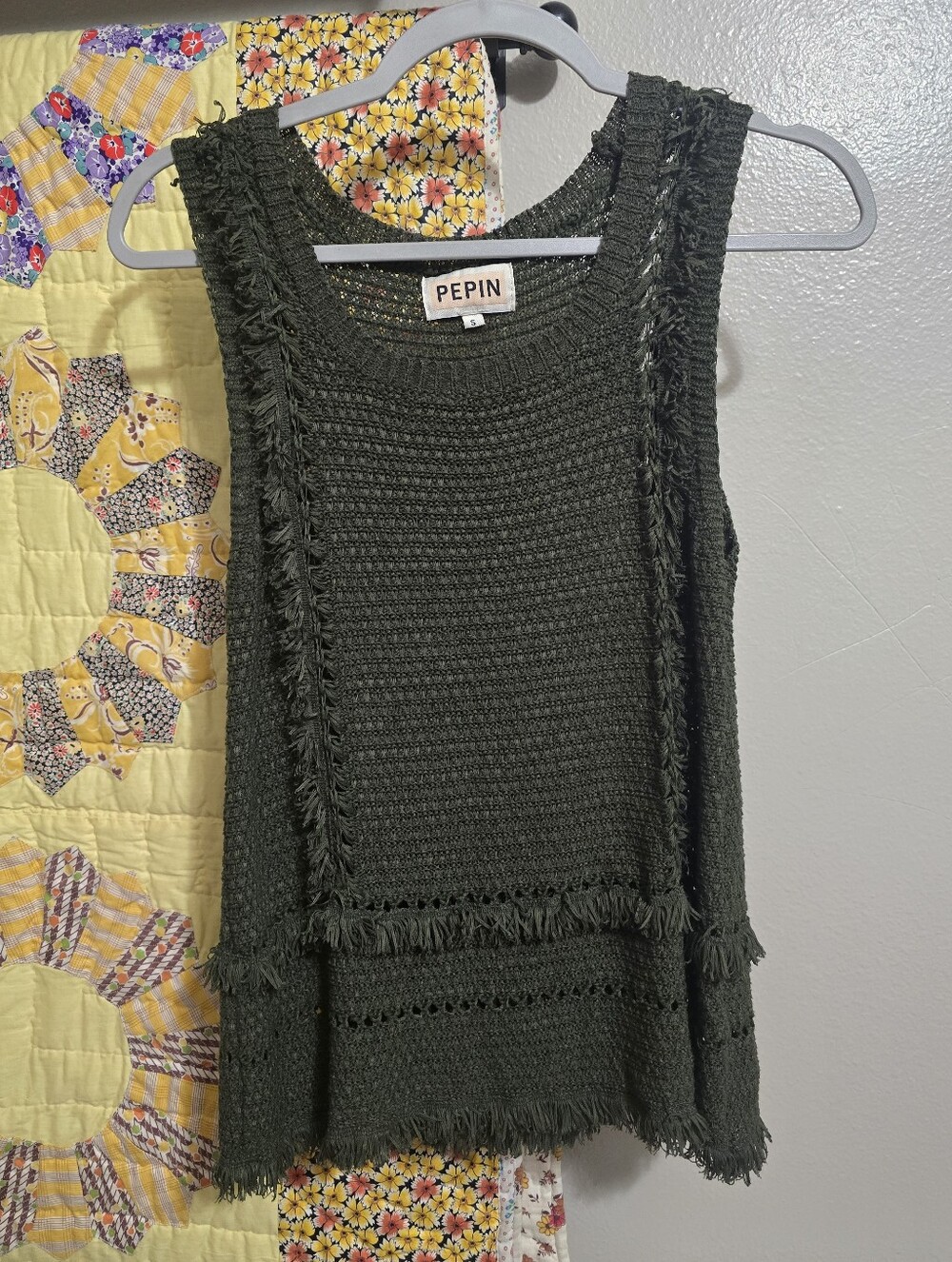 Pepin Olive Green Knit Fringe Sleeveless Top